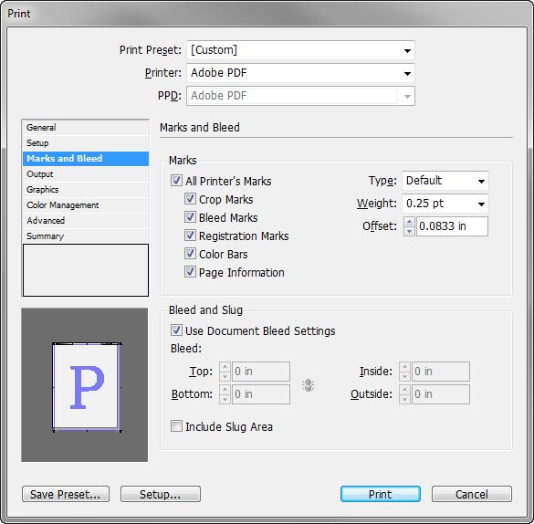 Adobe InDesign 7. In the left pane, choose Marks And Bleed to display the Marks And Bleed area of the Print dialog box. 8.