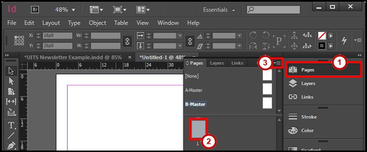 Note: You can also select the master page for the dropdown at the bottom of the document window (See Figure 9).