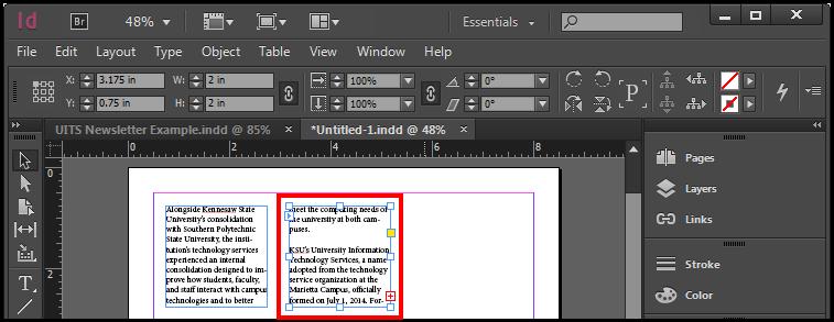 5. On the document left click and hold, then draw your Text Frame (See Figure 32). Figure 32 - Draw Text Frame. 6. After you have the desired size of the Text Frame, let go of the Left Click.