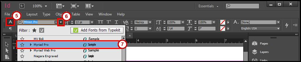 Changing the Font 1. From the Tools Panel, click the Type Tool (See Figure 34). 2. On the document, left click the Text Frame. (See Figure 34). Figure 34 - Select Text Frame with Type Tool. 3. In the text frame left click and hold then select the text (See Figure 35).