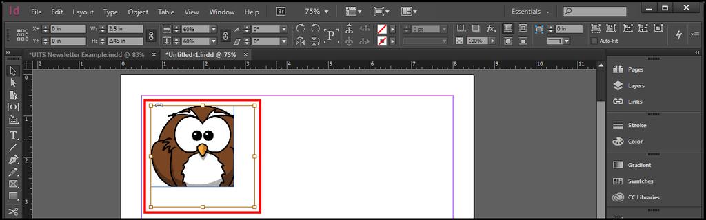 Resize the Image The image can be manipulated inside the image frame. 1. From the Tools Panel, click the Selection Tool (See Figure 61). 2. On the document, left click the Image (See Figure 61).