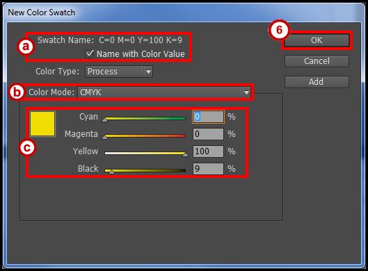 5. From the New Color Swatch dialog window, set the following options: a. Name Keep the color value name or apply your own name (See Figure 71). b.