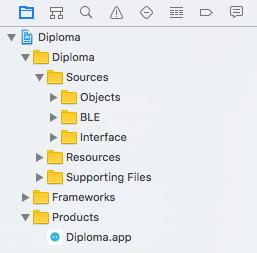 4.2.4 Struktura kode DKVVB ios aplikacije Projekt Diploma.xcodeproj je sestavljena iz virov datotek, kjer je jedro sredstvo aplikacije (angl. Sources), ki jih potrebujejo viri (angl.