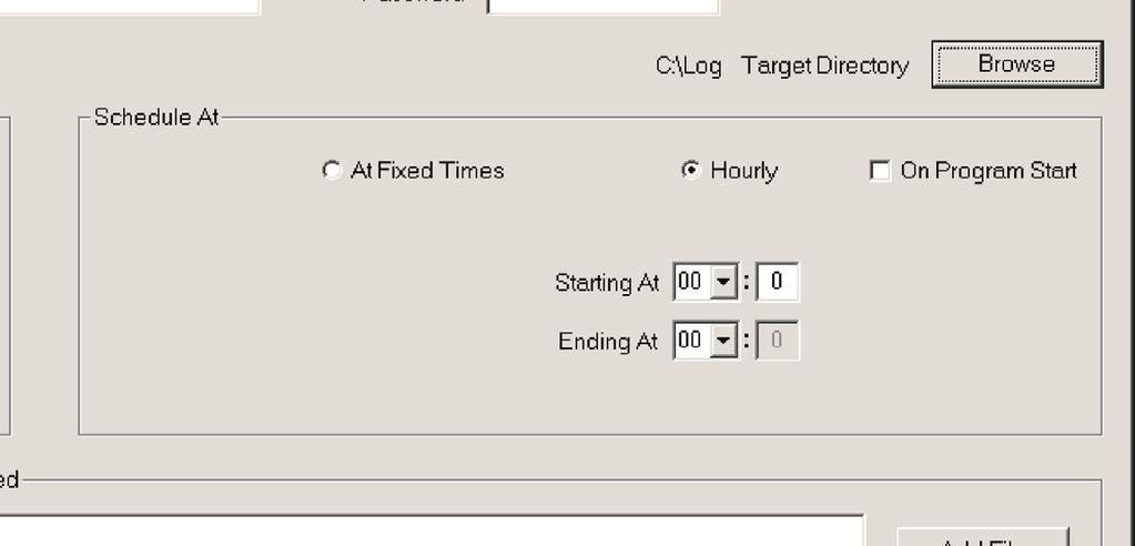 Check to run the schedule whenever the FTS program is started. Select to specify hourly data retrieval. The 'Schedule At' dialog changes so that start and end times can be specified see below.
