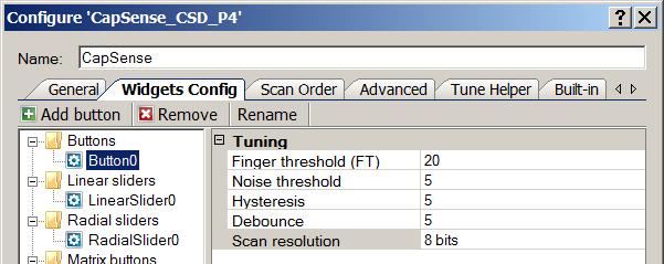 PSoC 4 Capacitive Sensing (CapSense CSD) Toolbar The toolbar contains the following commands: Add widget (hot key - Insert) Adds the selected type of widget to the tree.