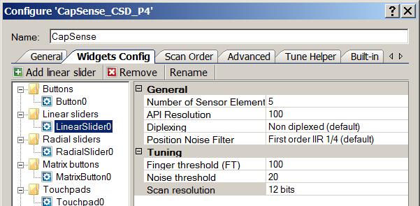 PSoC 4 Capacitive Sensing (CapSense CSD) Linear Sliders General: Numbers of Sensor Elements Defines the number of elements within the slider. A good ratio of API resolution to sensor elements is 20:1.