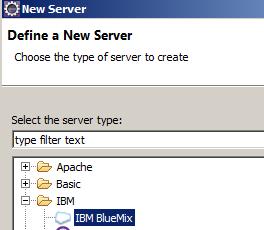 ..click this link to create a new server. Step 3 Expand the IBM category and select IBM BlueMix. Click Next.