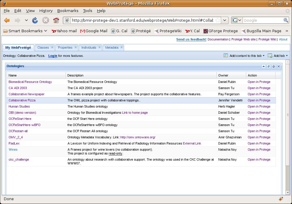 First page in WebProtégé Select a project http://bmir protege dev1.stanford.