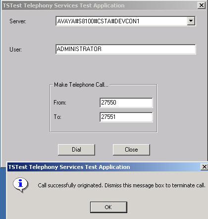 Figure 11: Telephony Service Test The following describes how to test the TASKE Contact Server. 1. From the TASKE Console, select Tool and click Administrator 2.