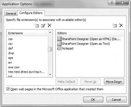 12 x CHAPTER 1 EXPLORING SHAREPOINT DESIGNER This dialog has two tabs: the General tab (shown and yes, many tabs are called General in SharePoint Designer) and the Configure Editors tab.