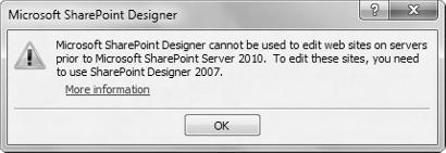 6 x CHAPTER 1 EXPLORING SHAREPOINT DESIGNER NOTE SharePoint Designer can be configured to open the most recently used site automatically.