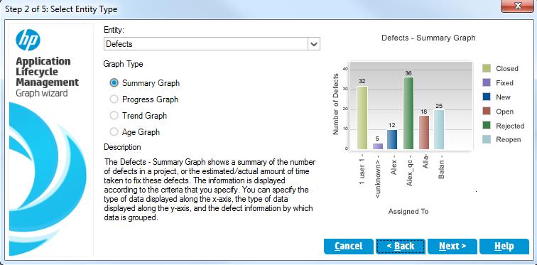 Chapter 8: Analyzing ALM Data a. Click Next. The Select Entity Type page opens. b. Under Entity, select Defects. c. Under Graph Type, make sure Summary Graph is selected. 5.