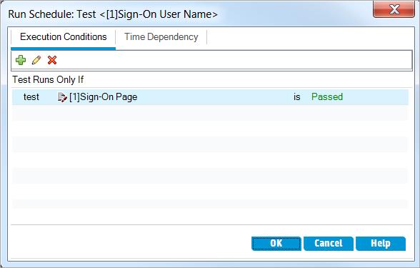 Chapter 5: Running Tests e. Click OK. The condition is added to the Run Schedule dialog box. 5. Add a time dependency condition to the Sign-On User Name test instance.