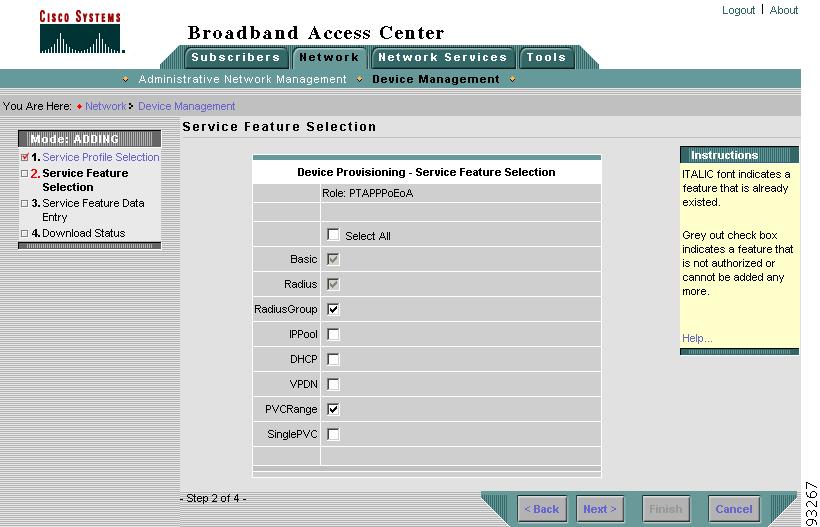 Chapter 3 Example Uses of Broadband Access Center Figure 3-11 Service Feature Selection Page c.