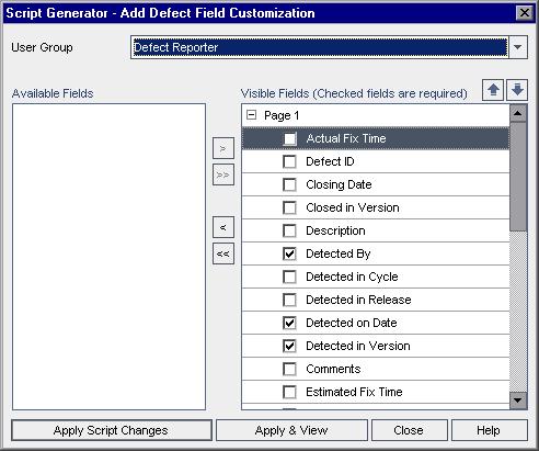 Chapter 28: Generating Workflow Scripts To customize Defects module dialog boxes by user group: 1. In the Project Customization window, in the left pane, click Workflow. The Workflow page opens. 2. To modify the appearance of the New Defect dialog box, click the Script Generator - Add Defect Field Customization link.
