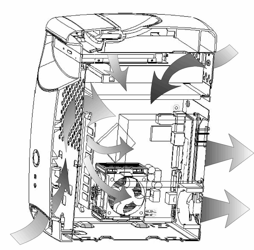 Figure 11 demonstrates the airflow pattern within the chassis. Tower #1 was tested with two configurations that accommodated either a passive or an active heat sink.