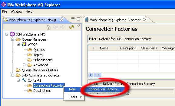 Create a connection factory for MQ 1. Expand the Context name you created and select Connection Factories. Right click Connection Factories, select New, Connection Factory. 2. 3. Enter the name CF1.