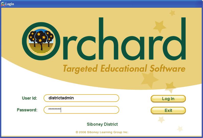 Login Management Accessing the District Application Logging in to Orchard as a district administrator gives you access to the Reports, Schools, and Clusters tabs.
