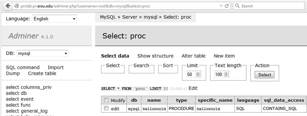 Examine mysql DB and tables SQL Procedures