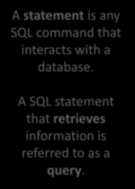 To do this we use SQL Structured Query Language (SQL) A high-level set of statements (commands) that let you communicate with the database With SQL, you can Retrieve records Join (combine) tables