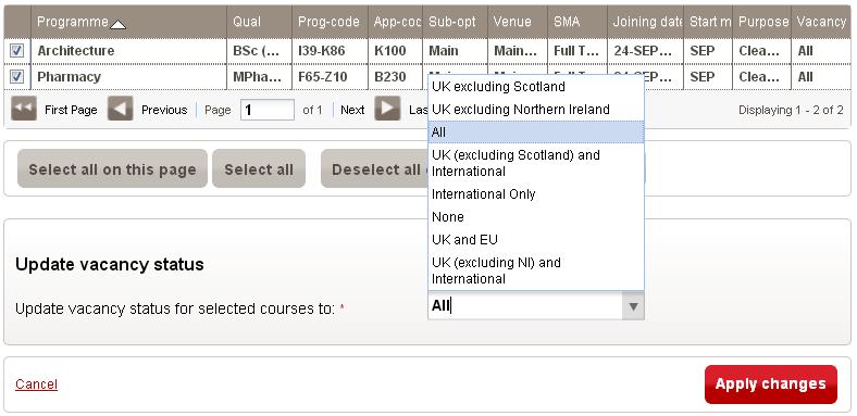 By default all the courses that match your search criteria will be selected automatically for updating. This is shown by a tick in the checkbox on the right.