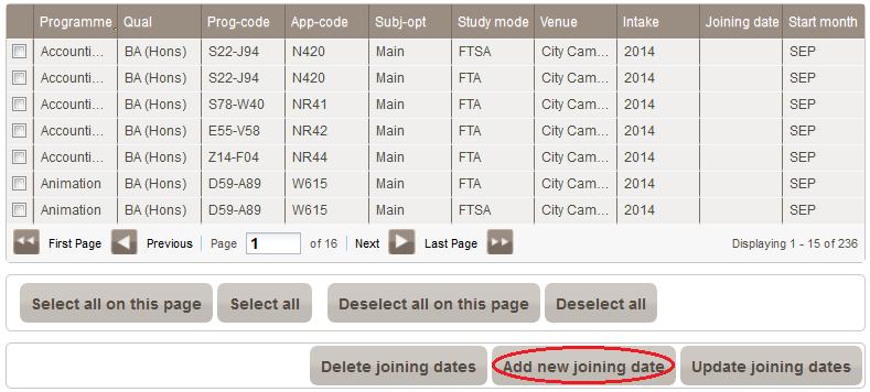 2. Ensure the required course(s) are selected from your search results by ticking the respective check boxes. 3. Click the Add new joining date button. 4.
