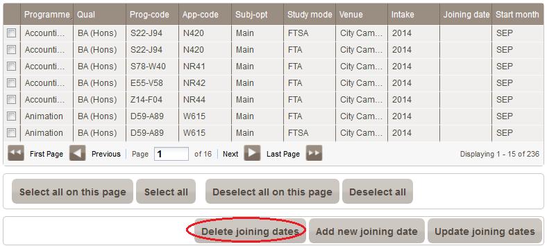 5.2.2.4 Delete joining dates for courses within a programme group To change the joining date of a selection of courses: 1.