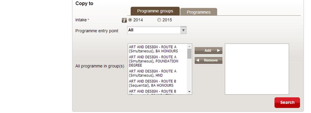 For programme groups, choose one or more groups by clicking on them and then on the Add button. The selected groups are moved to the right-hand box.