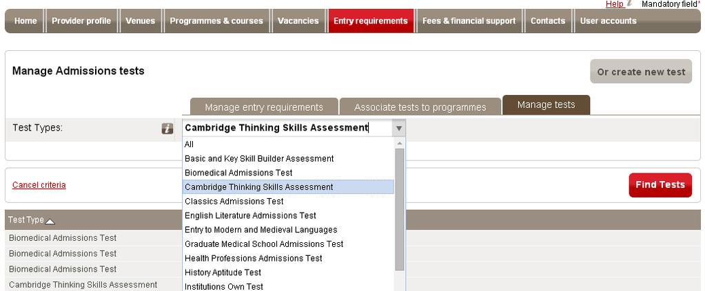 6.3.1 Manage admissions tests 6.3.1.1 Search and view details of a test To view the details of an existing test: 1.