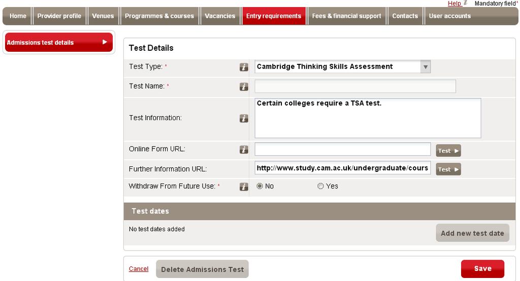 Select the test type from the Test Types drop-down menu. 3. Click Find Tests. 4. Click a test in the search result.