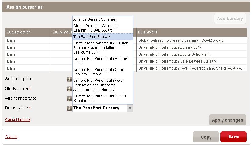 7.3.1.2 Adding bursaries to a programme 1. Click on the Add bursary button. The Assign bursaries section is displayed. 2.