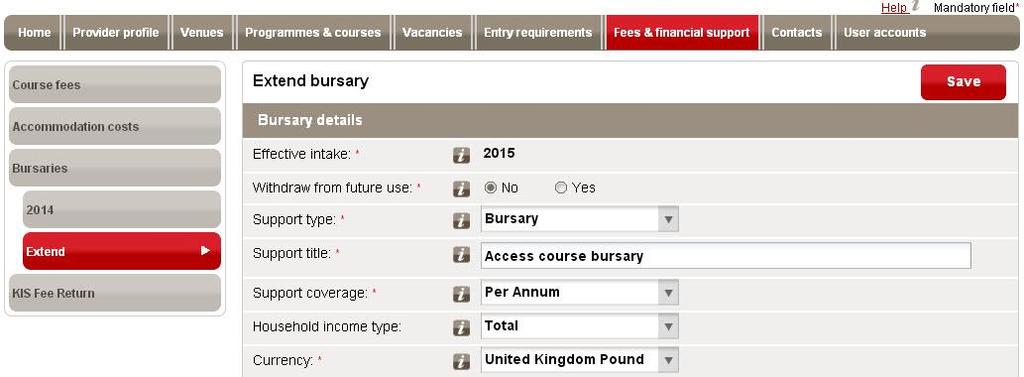 After entering or editing the bursary information, click on the Save button to save the changes or Cancel to leave the details unchanged. 7.3.
