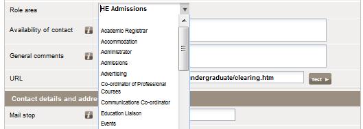 Select the division the contact works in using the drop-down menu: Role area Availability of contact General comments URL Mail stop Address Enter information to indicate when the contact is available.