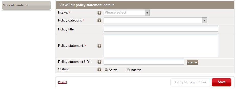 The View/Edit policy statement details pane expands to display fields that are blank and editable. 2.