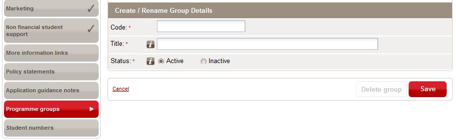 Enter a title for the programme group Select status (active or inactive) 3. When you have finished, click Save. 3.1.11.