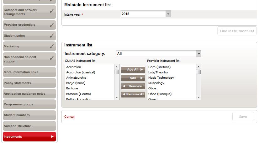 3. Add remove instruments as required: To add an instrument to the provider list, highlight the instrument in the left pane, click Add > in the centre, and the instrument will move to the right pane.