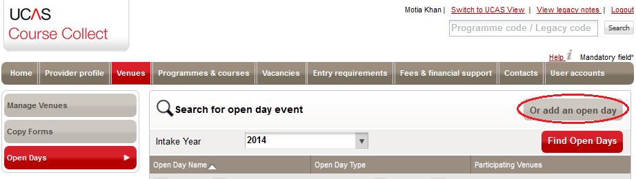 Click the Find Open Days button and your search results will be listed at the bottom of the screen and you can view details by of an open day by clicking on it. 3.2.4.