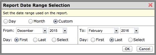 To view a different date or range, click the blue link displaying the current month. This will open a Report Date Range Selection tool.
