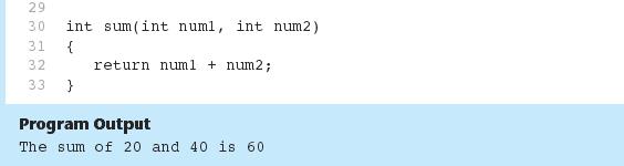 Program 6-12 (Continued) Calling a Value-Returning Function return num1 + num2; The statement in line 17 calls the sum function, passing value1 and value2 as arguments.