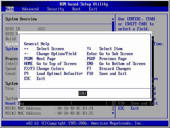 Figure 2 General Help Screen Setup Utility menus The Setup Utility menu bar displays the five primary menu selections.
