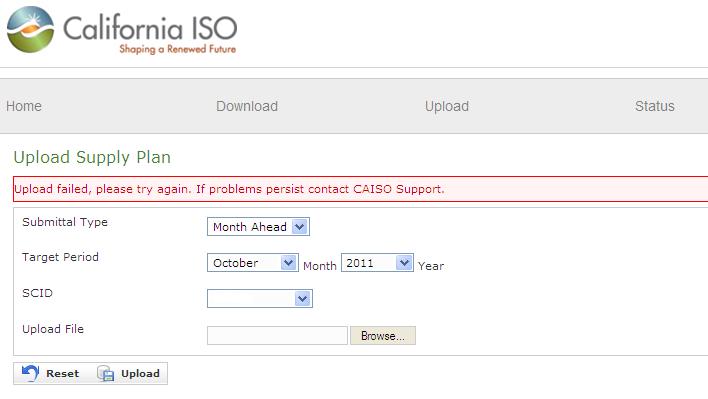 Figure 36: Process for Checking Status of a Submitted Supply Plan, Step 3. 16. IRR User Interface: Errors Figure 37 below displays an example of the error message Upload failed, please try again.