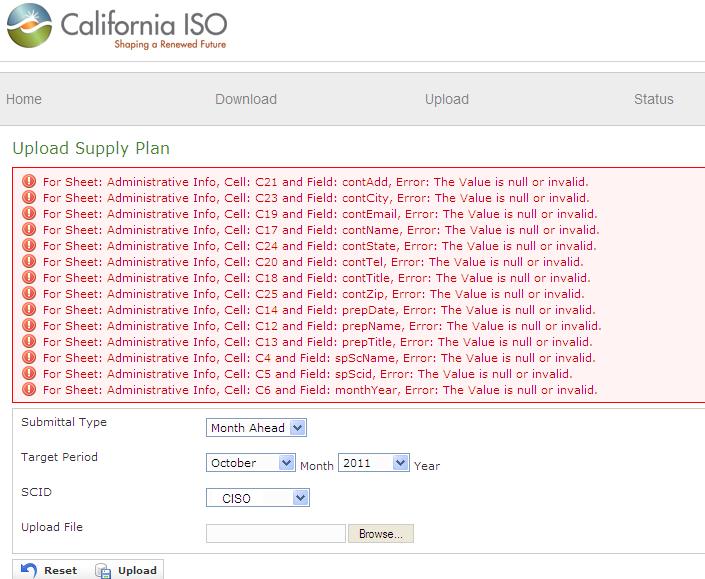 16.2 Supply Plan Errors 16.2.1 Null or Invalid Entries in the Admin Tab Figure 43 below displays the error messages that would be received if the Admin Info tab of the Supply Plan was left blank when submitted.