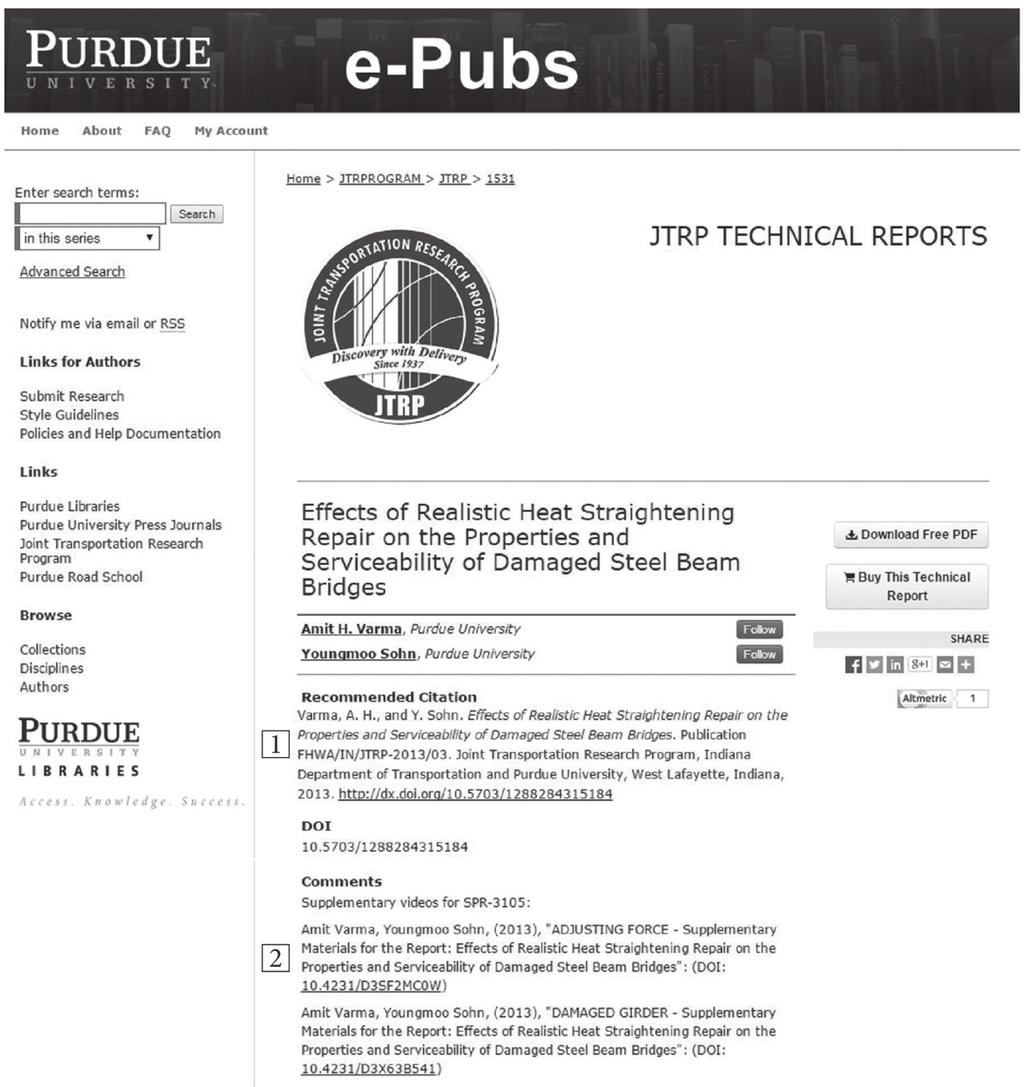 Interlinking IR Content CHAPTER 19 305 Figure 19.1. Purdue e-pubs technical report record page.