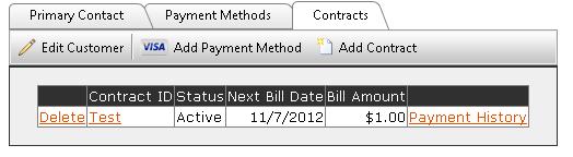3. Click Add Contract. This will take you back to the recurring billing customer profile screen. To view the contract, click the Contract tab 4. To edit a contract, click on its Contract ID link 5.