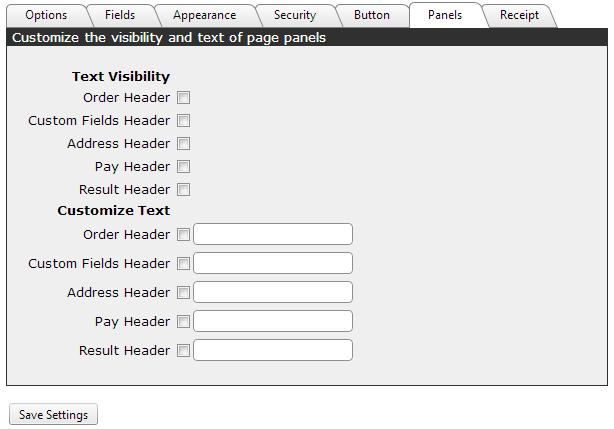 Text Visibility o Order Header Checking this displays the Order Header on the page o Custom Fields Header Checking this displays the Custom Fields Header on the page o Address Header Checking this