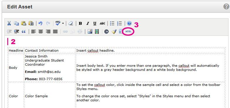 8. Place the cursor inside the Asset Content text area (2). Press Ctrl+V to paste the snippet table. This is one of the few instances where you do NOT want to paste as text. 9.