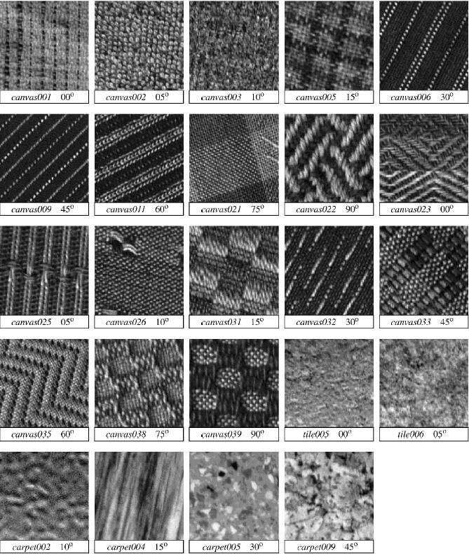 Figure 4. 128 128 samples of each of the 24 texture class at particular angles IFLT P,R Bins 8,1 10 85.1 86.8 16,2 18 88.5 89 24,3 26 94.6 90 8,1 + 16,2 10 + 18 93.1 89.5 8,1 + 24,3 10 + 26 96.3 89.