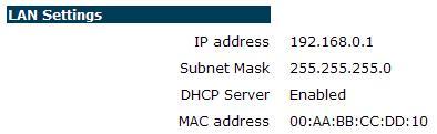 LAN Settings: This section displays the Router LAN port s current information. It also shows whether the DHCP Server function is enabled / disabled.