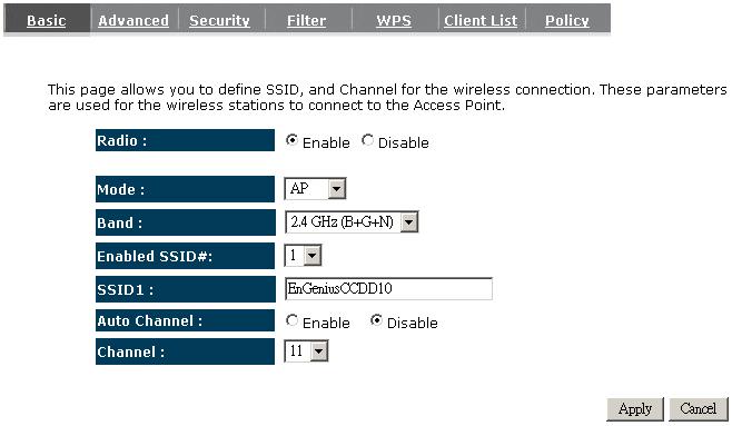 5.4. Wireless Settings - Basic In basic setting page, you can set wireless Radio, Mode, Band, SSID, and Channel. Radio: You can turn on/off wireless radio.