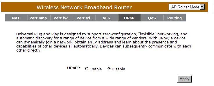 Enable/Disable UPnP: You can enable or Disable the UPnP feature here.